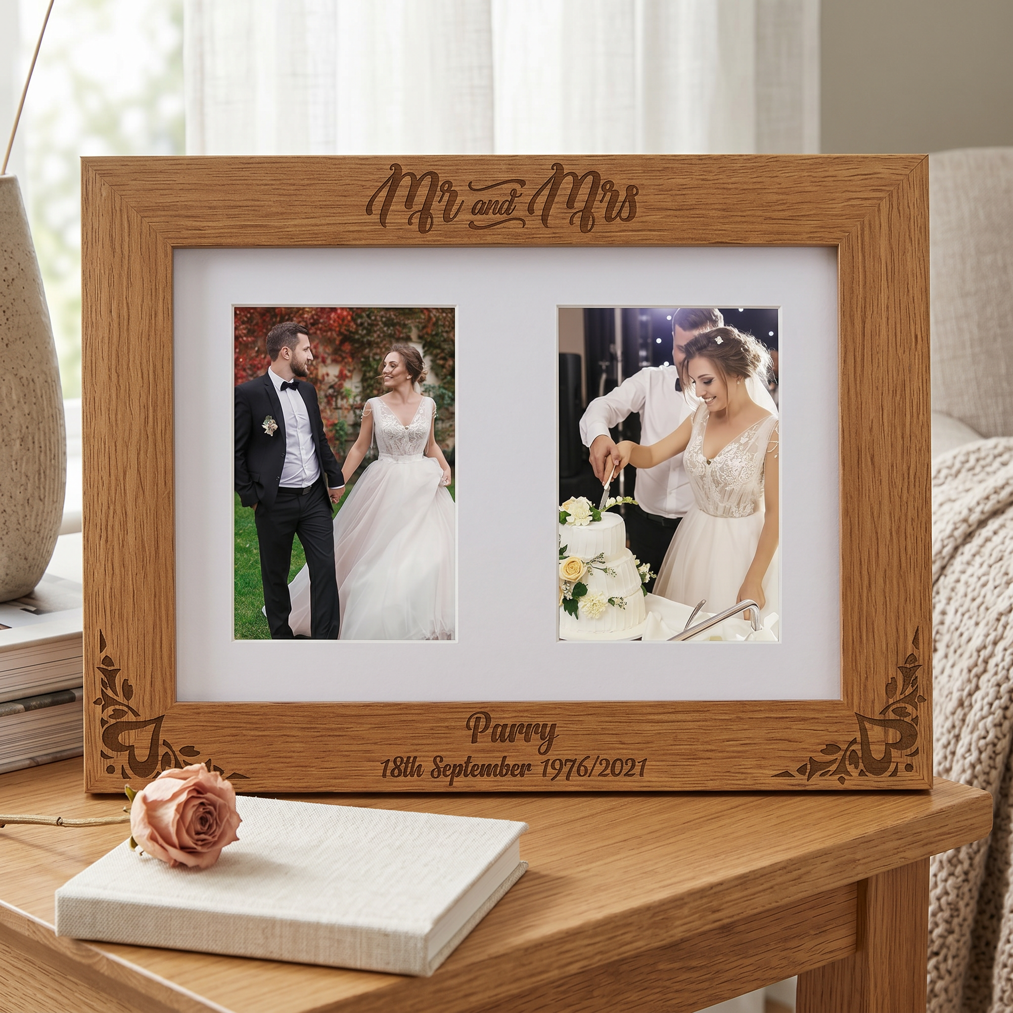 Personalised Mr and Mrs Wedding Double Engraved Wooden Photo Frame Gift wedding photo frame ukgiftstoreonline