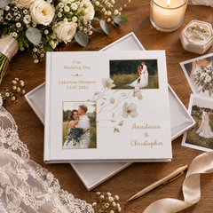Personalised Wedding Photo Album, White Gold Frame, Floral Design photo album ukgiftstoreonline