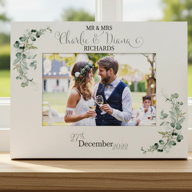 Personalised Wedding Day Photo Frame Gift With Eucalyptus Leaves