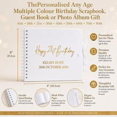 The image is a promotional image for a personalized birthday scrapbook, guest book, or photo album gift. It features a white spiral-bound scrapbook with gold text and a ribbon tie, along with various descriptions of the product's features and benefits.
