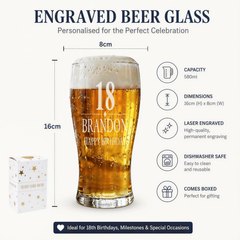 The image is an advertisement for a personalized engraved beer glass, specifically designed for a birthday celebration. The glass is described as a 16cm tall, personalized for the 18th birthday of a person named Brandon. It features a laser engraving of the number 18, a happy birthday message, and is described as a dishwasher safe, comes boxed, and ideal for 18th birthdays, milestones, and special occasions.