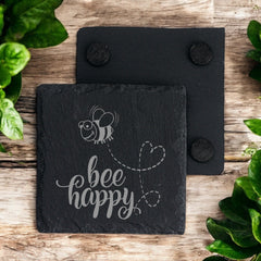Set of 2 Bee Happy Engraved Slate Stone Drink Coasters
