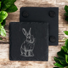 Set of 2 Bunny Engraved Slate Stone Drink Coasters