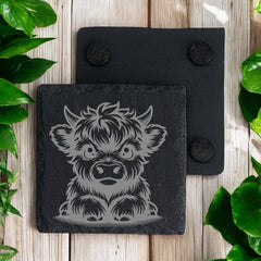 Pair of Highland Cow Engraved Slate Stone Drink Coasters