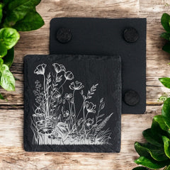Set of 2 Wildflower Engraved Slate Stone Drink Coasters
