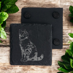 Set of 2 Cat Engraved Slate Stone Drink Coasters