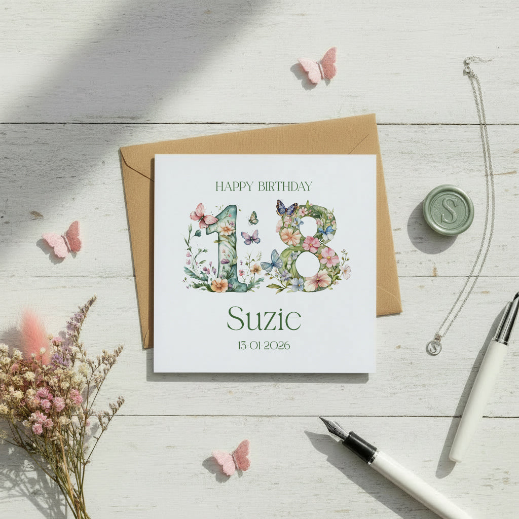 Personalised Luxury Linen 18th Birthday Card, Granddaughter Daughter Sister Niece Cousin Friend, Teen Girl Floral Numbers Personalised Cards ukgiftstoreonline