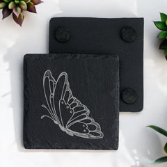 Set of 2 Butterfly Engraved Slate Stone Drink Coasters