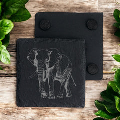 Set of 2 Elephant Engraved Slate Stone Drink Coasters