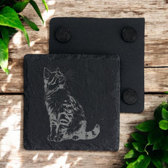 Set of 2 Cat Engraved Slate Stone Drink Coasters