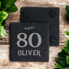 Personalised Elegant 80th Birthday Slate Stone Drink Coaster With any Name
