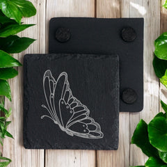 Set of 2 Butterfly Engraved Slate Stone Drink Coasters