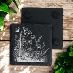 Set of 2 Wildflower Engraved Slate Stone Drink Coasters