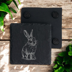 Set of 2 Bunny Engraved Slate Stone Drink Coasters