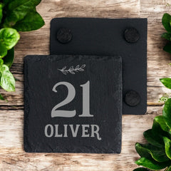 Personalised Elegant 21st Birthday Slate Stone Drink Coaster With any Name