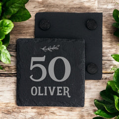 Personalised Elegant 50th Birthday Slate Stone Drink Coaster With any Name