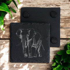 Set of 2 Elephant Engraved Slate Stone Drink Coasters