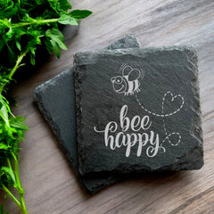 Set of 2 Bee Happy Engraved Slate Stone Drink Coasters