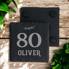 Personalised Elegant 80th Birthday Slate Stone Drink Coaster With any Name