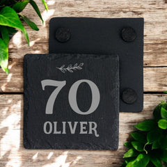 Personalised Elegant 70th Birthday Slate Stone Drink Coaster With any Name