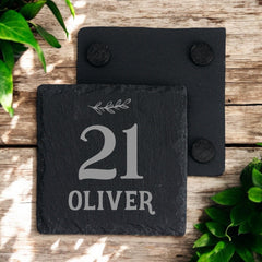 Personalised Elegant 21st Birthday Slate Stone Drink Coaster With any Name