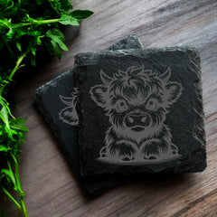 Pair of Highland Cow Engraved Slate Stone Drink Coasters