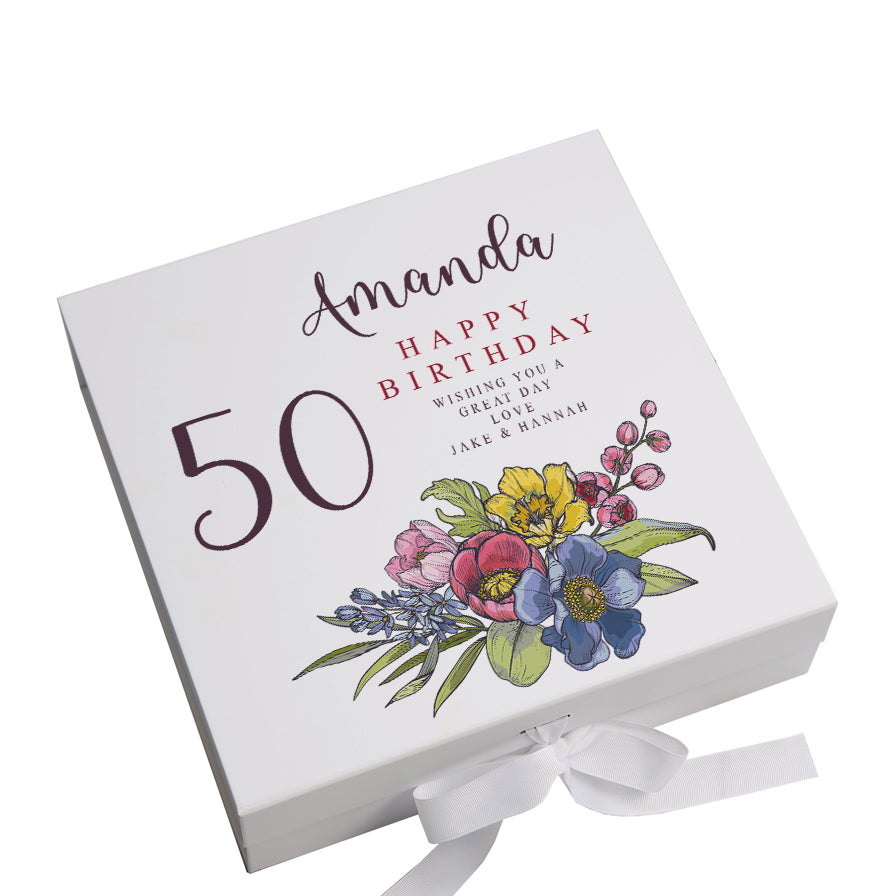 Personalised 50th Birthday Keepsake Box Customised With Flowers and Sentiment