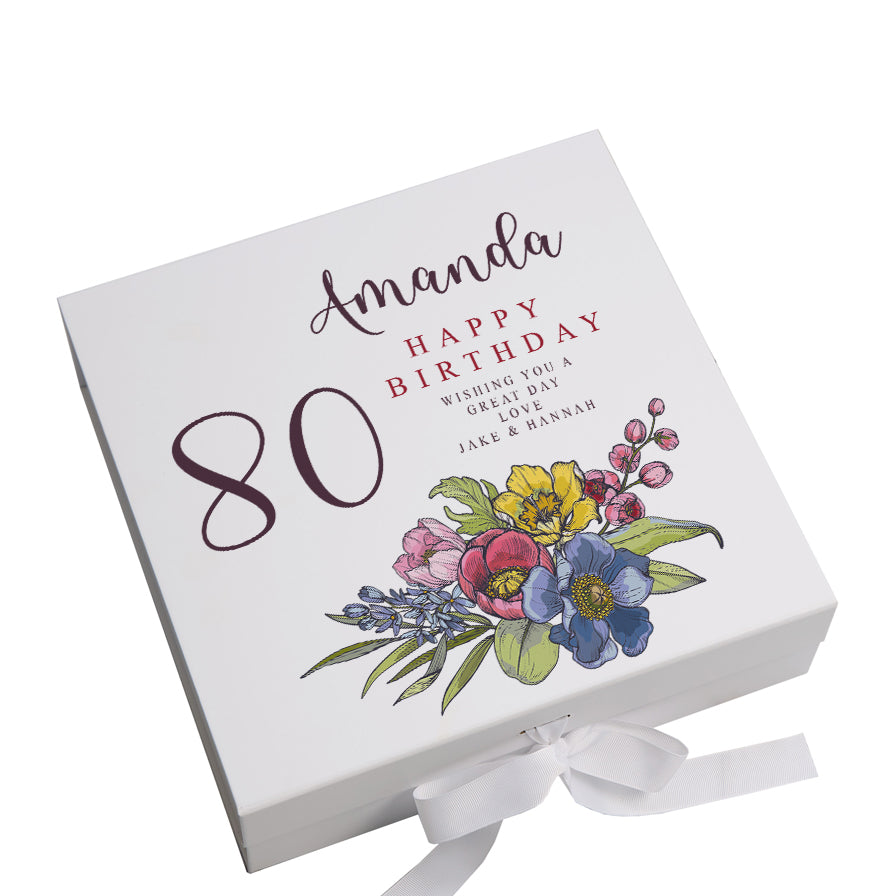 Personalised 80th Birthday Keepsake Box Customised With Flowers and Sentiment