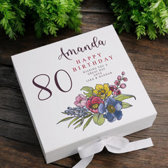 Personalised 80th Birthday Keepsake Box Customised With Flowers and Sentiment