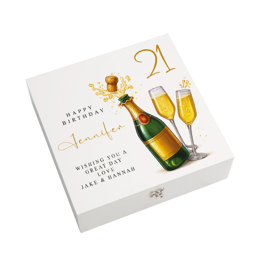 Personalised 21st Birthday Keepsake Box Customised With Champagne Bottle and Sentiment