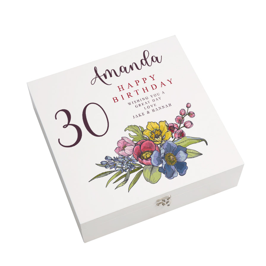 Personalised 30th Birthday Keepsake Box Customised With Flowers and Sentiment