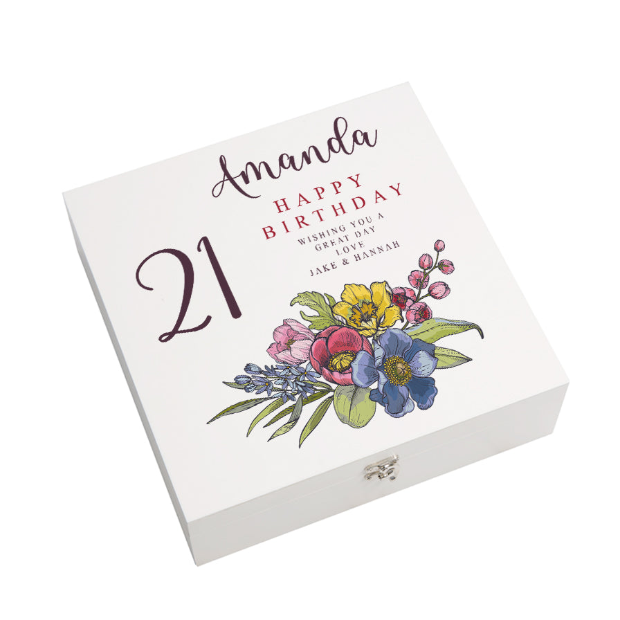 Personalised 21st Birthday Keepsake Box Customised With Flowers and Sentiment