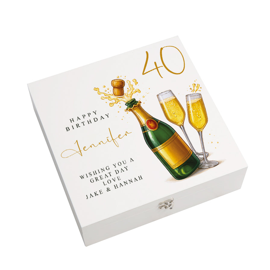 Personalised 40th Birthday Keepsake Box Customised With Champagne Bottle and Sentiment