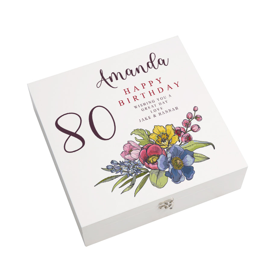 Personalised 80th Birthday Keepsake Box Customised With Flowers and Sentiment