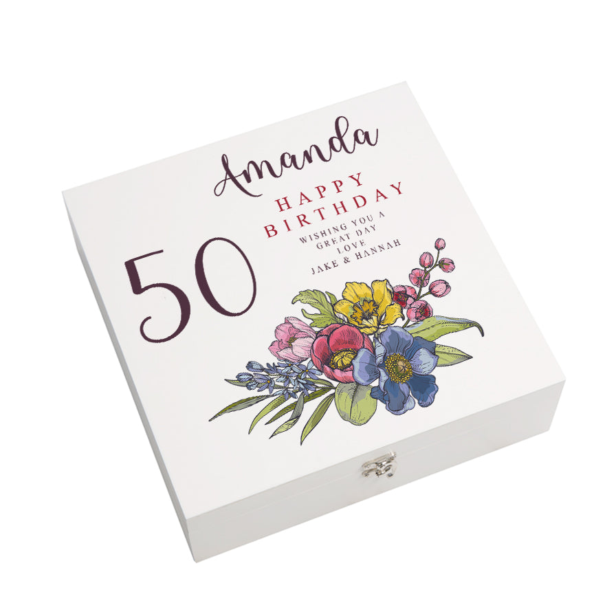 Personalised 50th Birthday Keepsake Box Customised With Flowers and Sentiment