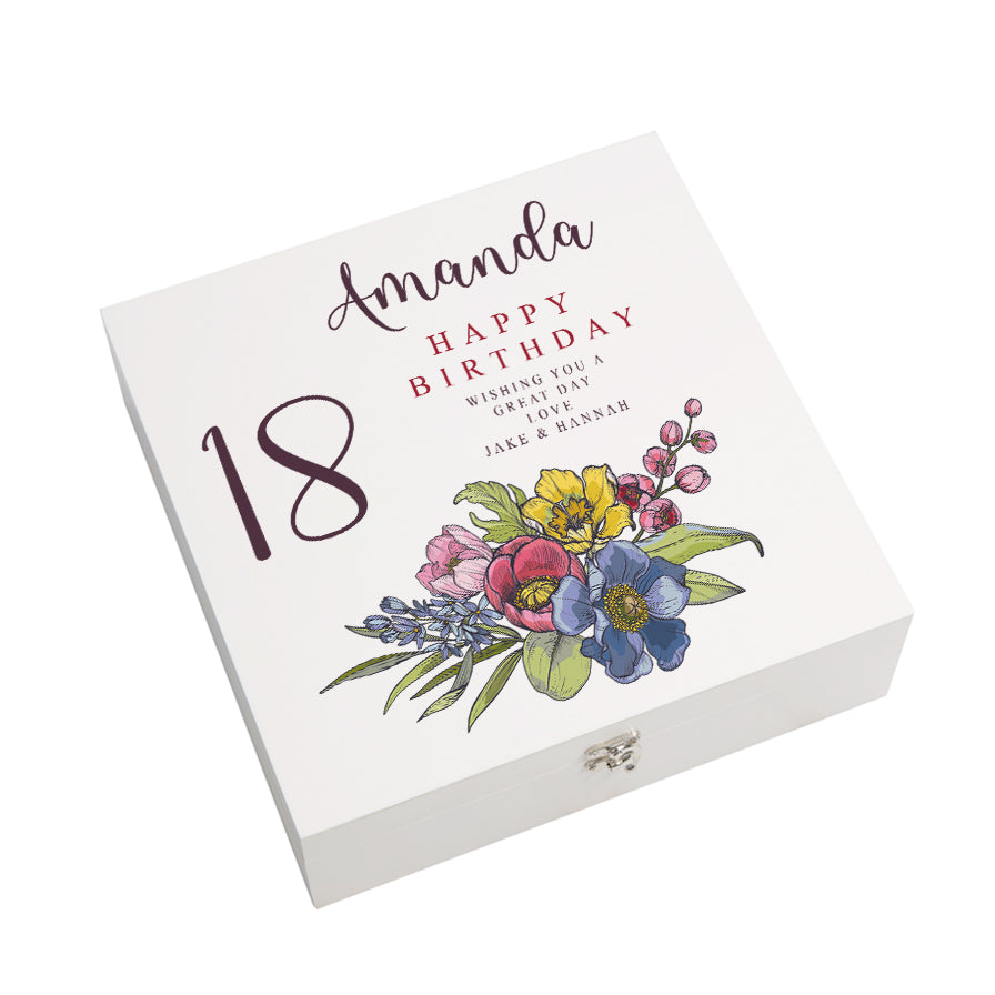 Personalised 18th Birthday Keepsake Box Customised With Flowers and Sentiment