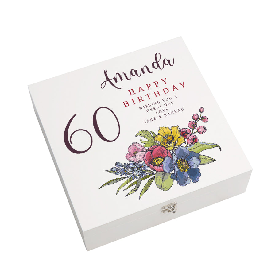 Personalised 60th Birthday Keepsake Box Customised With Flowers and Sentiment