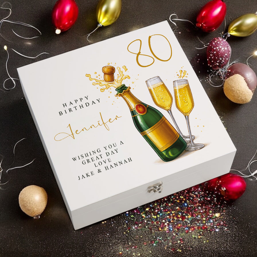 Personalised 80th Birthday Keepsake Box Customised With Champagne Bottle and Sentiment
