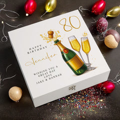 Personalised 80th Birthday Keepsake Box Customised With Champagne Bottle and Sentiment