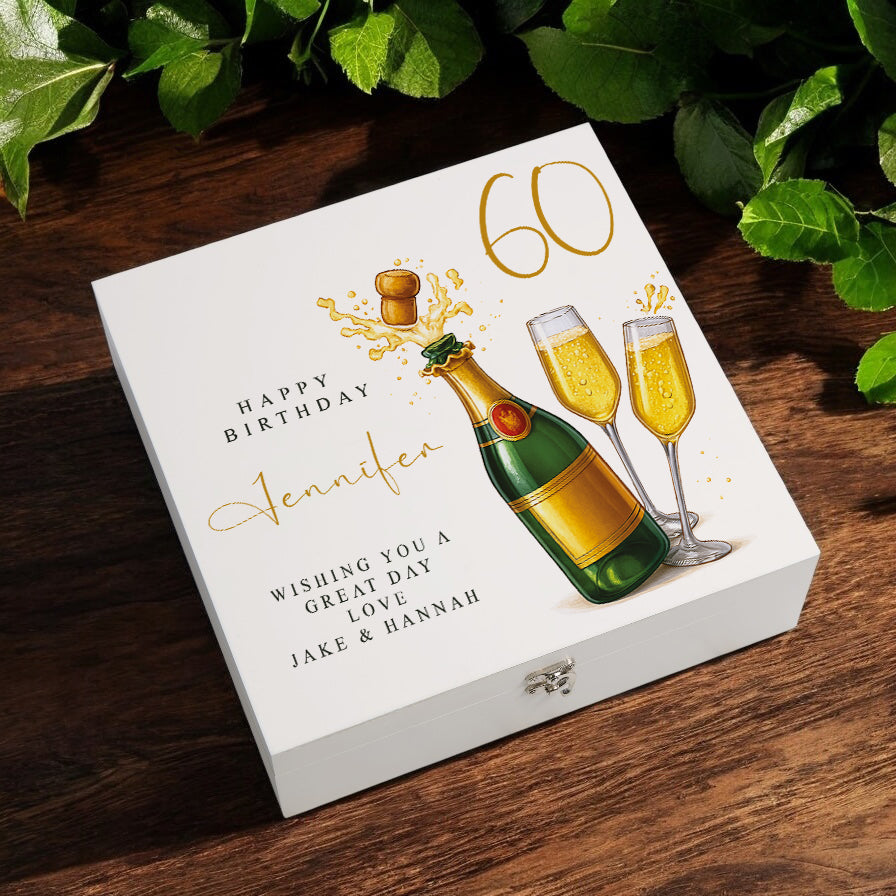 Personalised 60th Birthday Keepsake Box Customised With Champagne Bottle and Sentiment