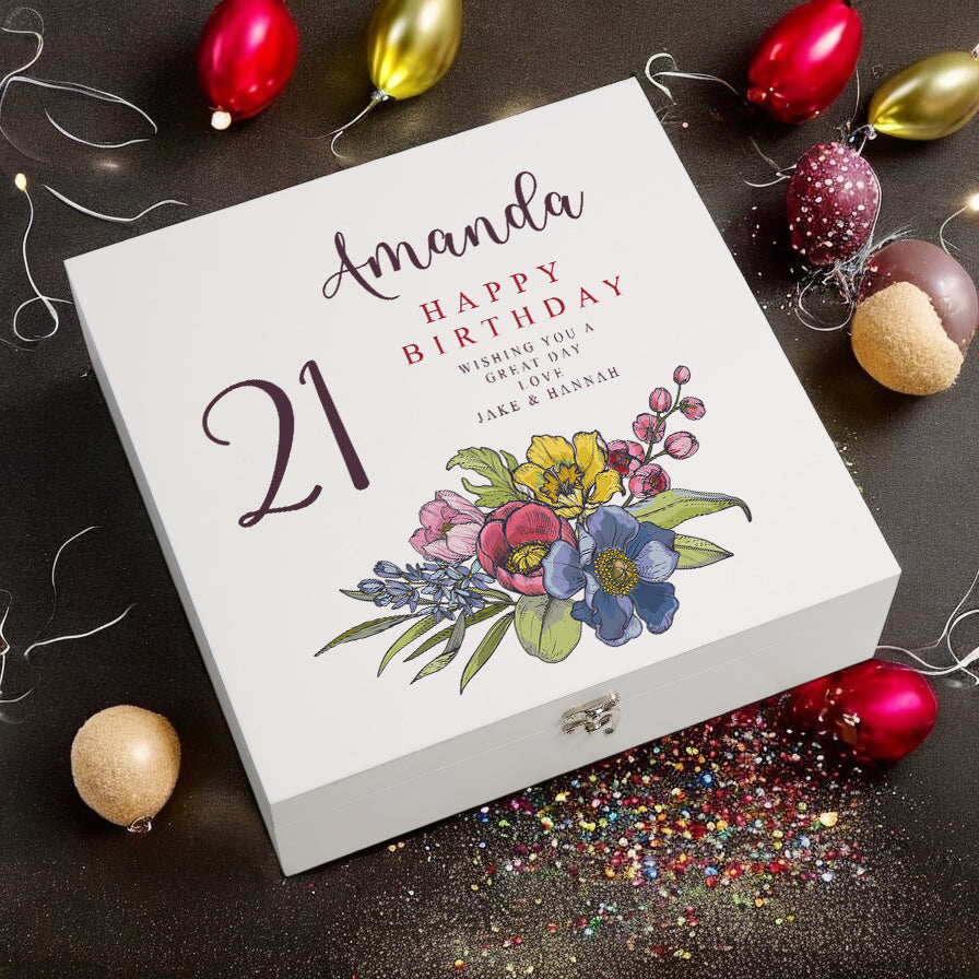 Personalised 21st Birthday Keepsake Box Customised With Flowers and Sentiment