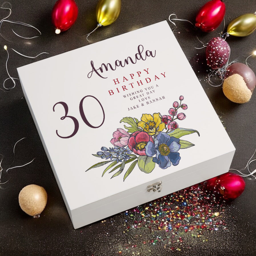 Personalised 30th Birthday Keepsake Box Customised With Flowers and Sentiment