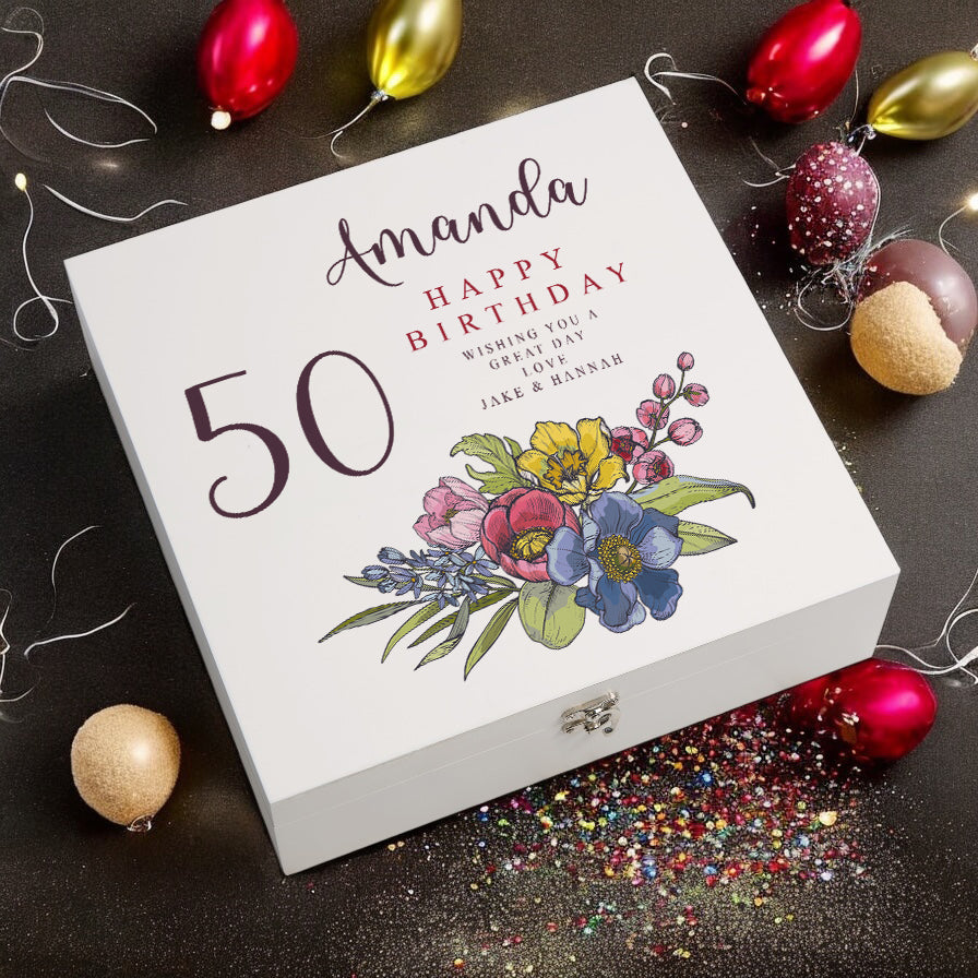Personalised 50th Birthday Keepsake Box Customised With Flowers and Sentiment