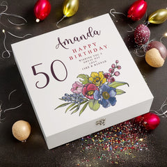 Personalised 50th Birthday Keepsake Box Customised With Flowers and Sentiment