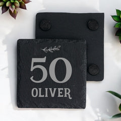 Personalised Elegant 50th Birthday Slate Stone Drink Coaster With any Name