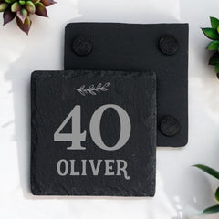 Personalised Elegant 40th Birthday Slate Stone Drink Coaster With any Name