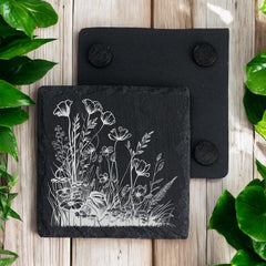 Set of 2 Wildflower Engraved Slate Stone Drink Coasters