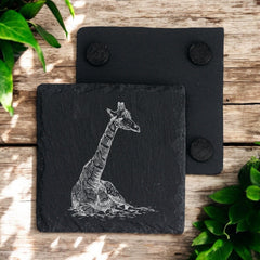 Set of 2 Giraffe Engraved Slate Stone Drink Coasters