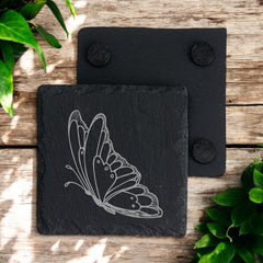 Set of 2 Butterfly Engraved Slate Stone Drink Coasters