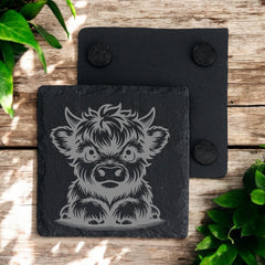 Pair of Highland Cow Engraved Slate Stone Drink Coasters
